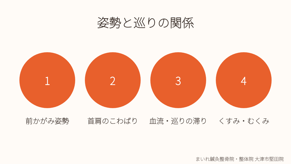 大津市堅田で美容鍼と姿勢・巡りの関係を示すイラスト
